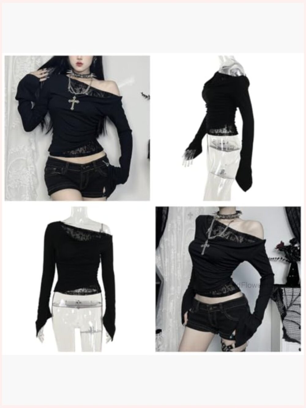 Off Shoulder Goth Crop Top Mesh Patchwork Long Sleeve Blouses Y2k Outfits - Picture 6 of 6